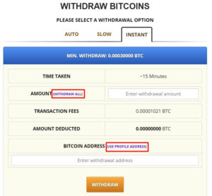 freebitcoin提款頁面-快速提款金額與地址設定畫面